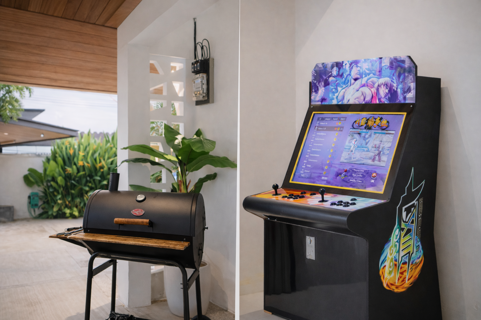 A collage of a barbeque grill and an arcade machine.